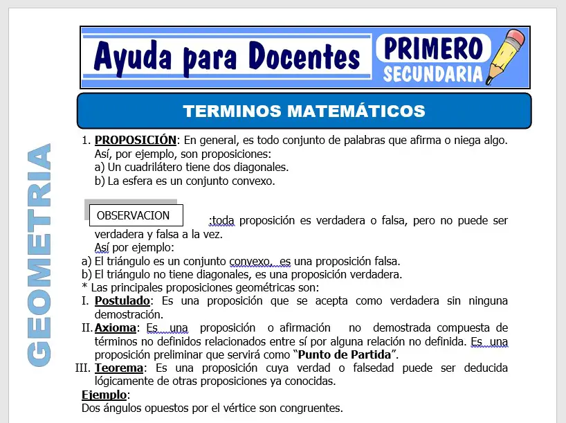 Modelo de la Ficha de Terminos Matemáticos para Primero de Secundaria