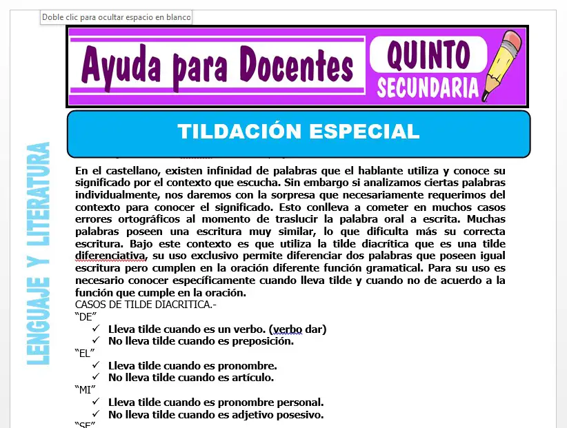 Modelo de la Ficha de Tildación Especial para Quinto de Secundaria
