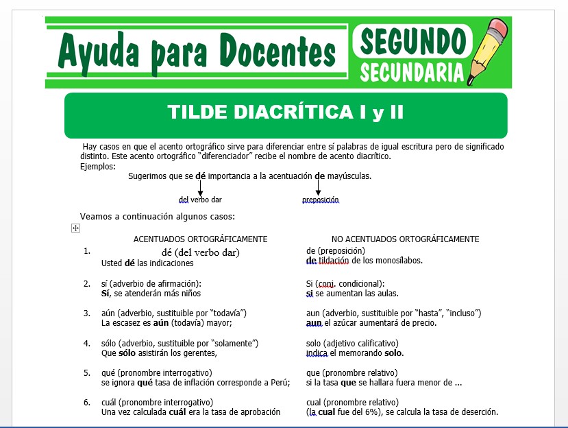 Modelo de la Ficha de Tilde Diacrítica I y II para Segundo de Secundaria Modelo de la Ficha de Tilde Diacrítica I y II para Segundo de Secundaria