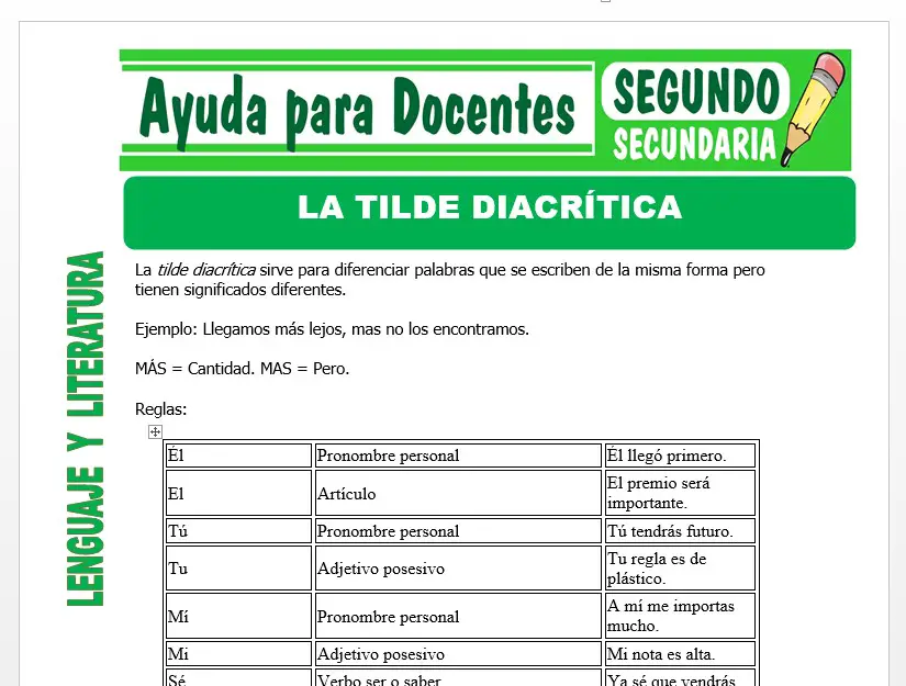 Modelo de la Ficha de La Tilde Diacrítica para Segundo de Secundaria