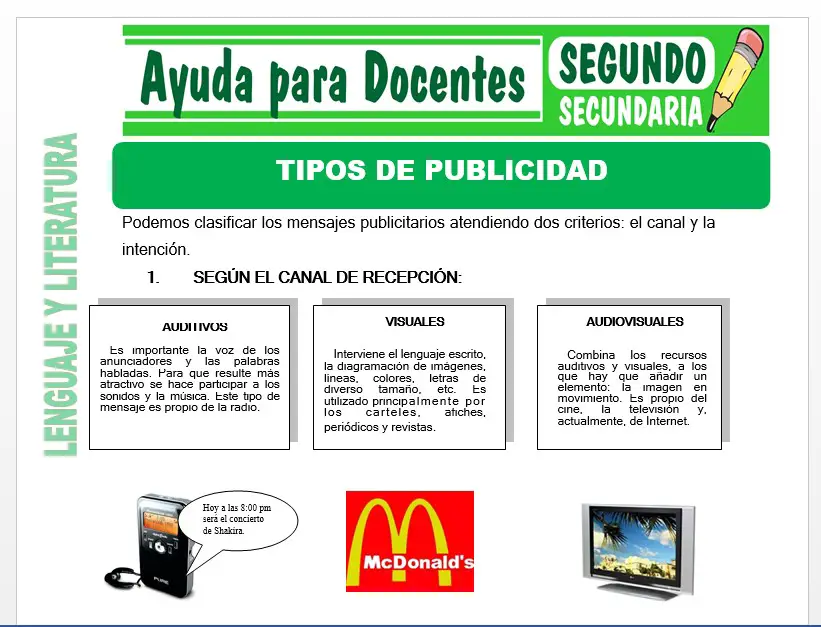 Modelo de la Ficha de Tipos de Publicidad para Segundo de Secundaria