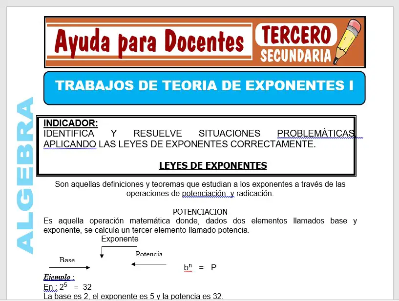 Modelo de la Ficha de Trabajos de Teoria de Exponentes I para Tercero de Secundaria