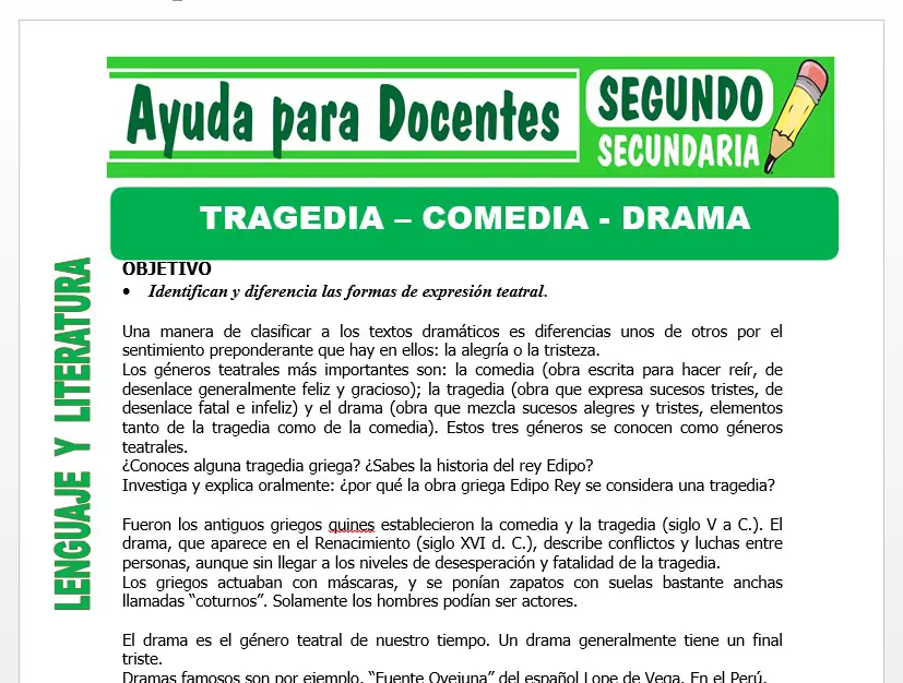 Modelo de la Ficha de Tragedia - Comedia - Drama para Segundo de Secundaria