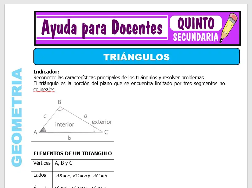 Modelo de la Ficha de Triángulos para Quinto de Secundaria