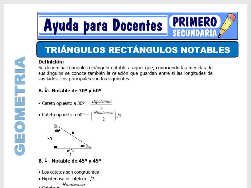 Modelo de la Ficha de Triángulos Rectángulos Notables para Primero de Secundaria