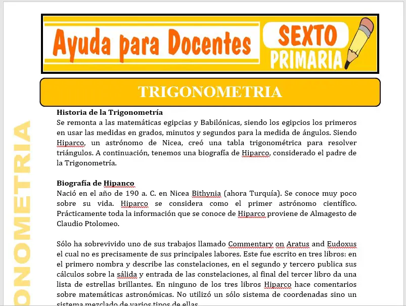 Modelo de la Ficha de La Trigonometría para Sexto de Primaria