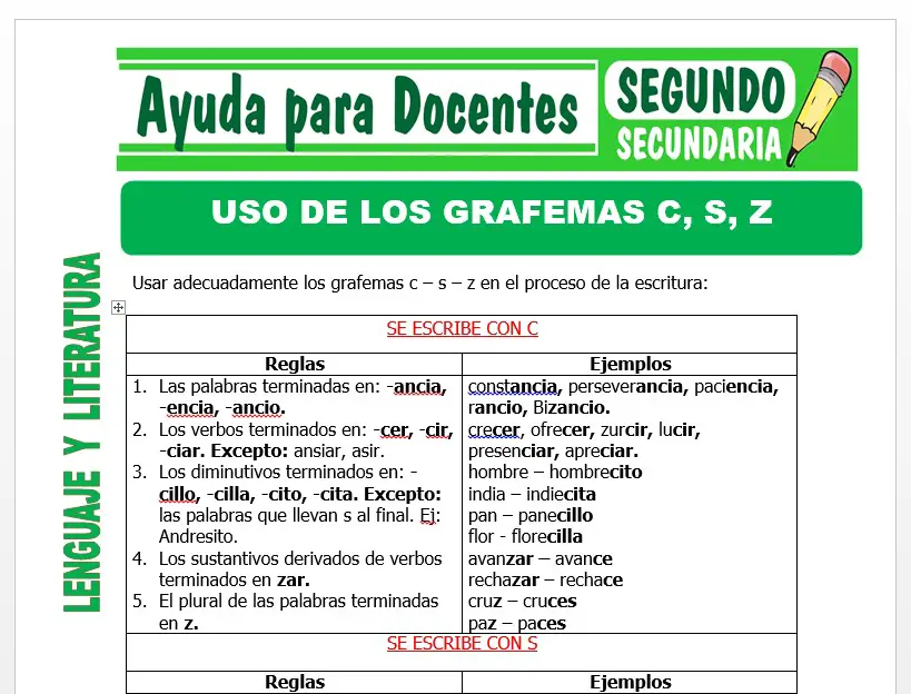 Modelo de la Ficha de Uso de los Grafemas C , S , Z para Segundo de Secundaria