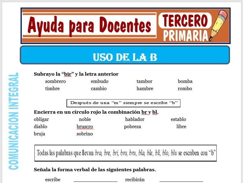 Modelo de la Ficha de Uso de la “B” para Tercero de Primaria