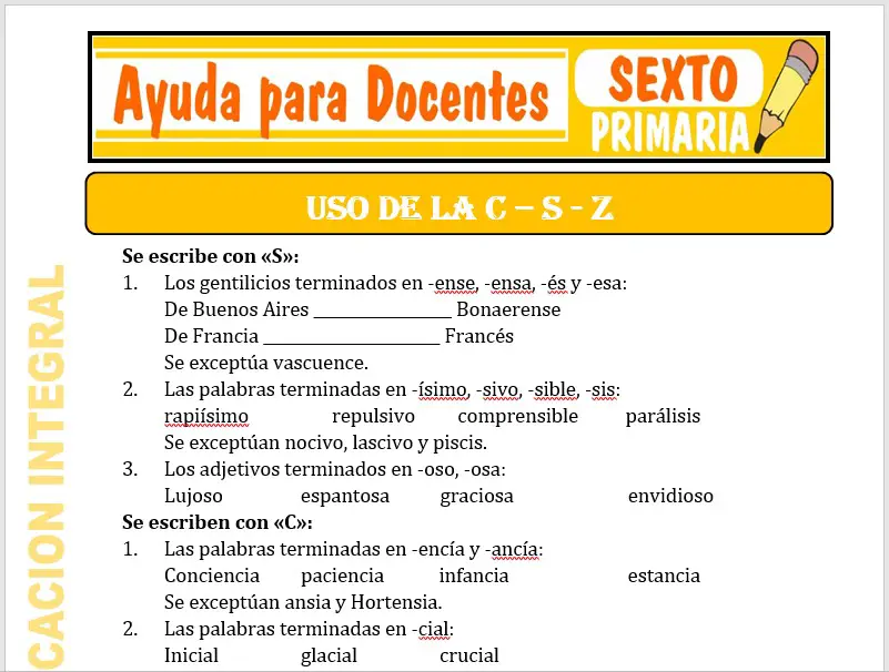 Modelo de la Ficha de Uso de “C” - “S” y “Z” para Sexto de Primaria