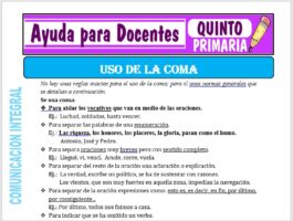 Modelo de la Ficha de Uso de la Coma para Quinto de Primaria
