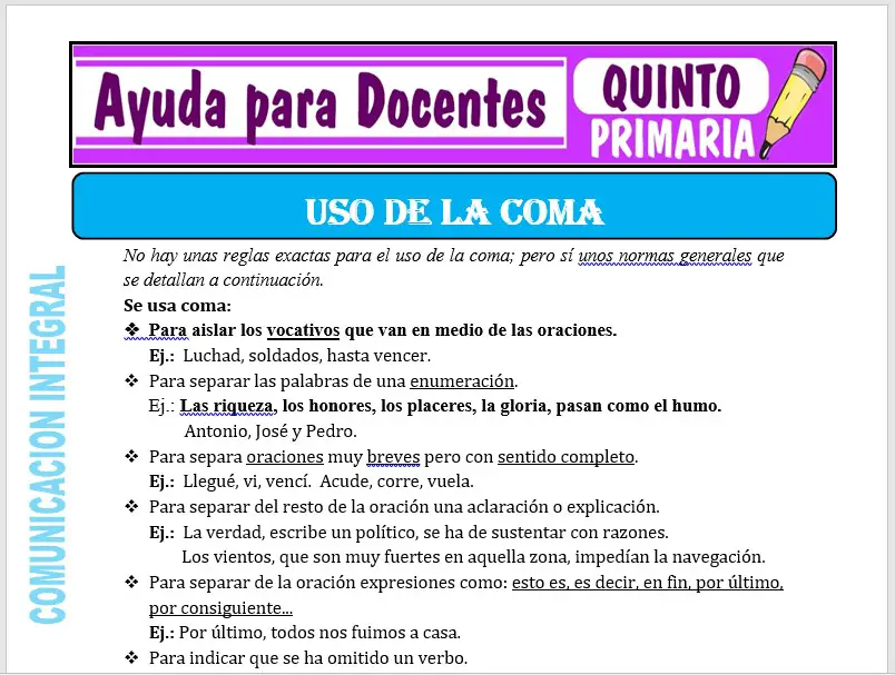 Modelo de la Ficha de Uso de la Coma para Quinto de Primaria Modelo de la Ficha de Uso de la Coma para Quinto de Primaria
