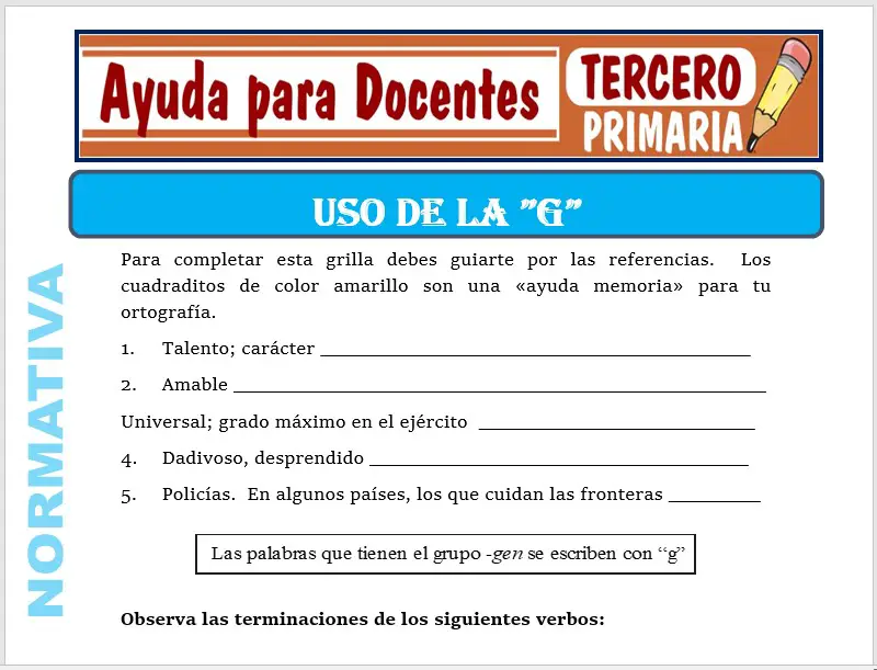 Modelo de la Ficha de Uso de la “G” para Tercero de Primaria