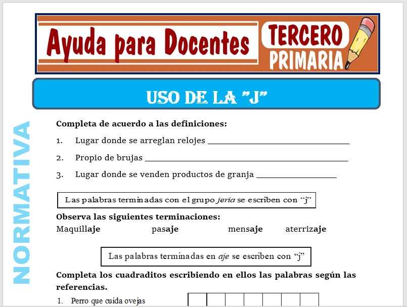 Modelo de la Ficha de Uso de la “J” para Tercero de Primaria