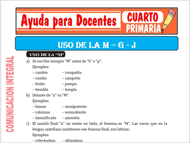 Modelo de la Ficha de Uso de la “M” - “G” y “J” para Cuarto de Primaria