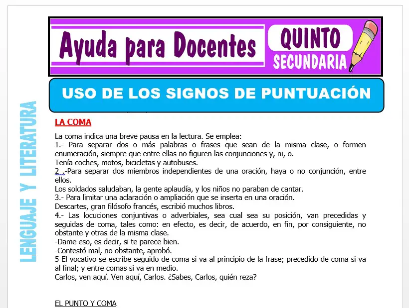 Modelo de la Ficha de Uso de los Signos de Puntuación para Quinto de Secundaria