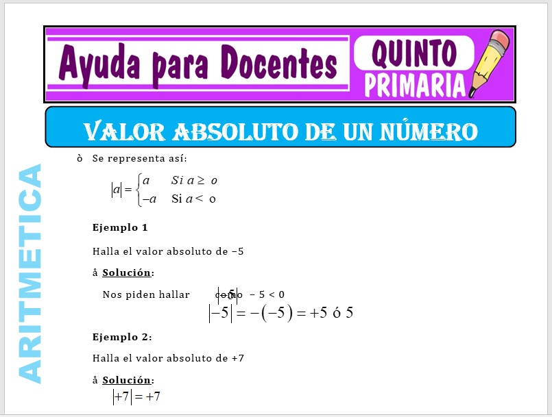 Modelo de la Ficha de Valor Absoluto de un Número para Quinto de Primaria Modelo de la Ficha de Valor Absoluto de un Número para Quinto de Primaria