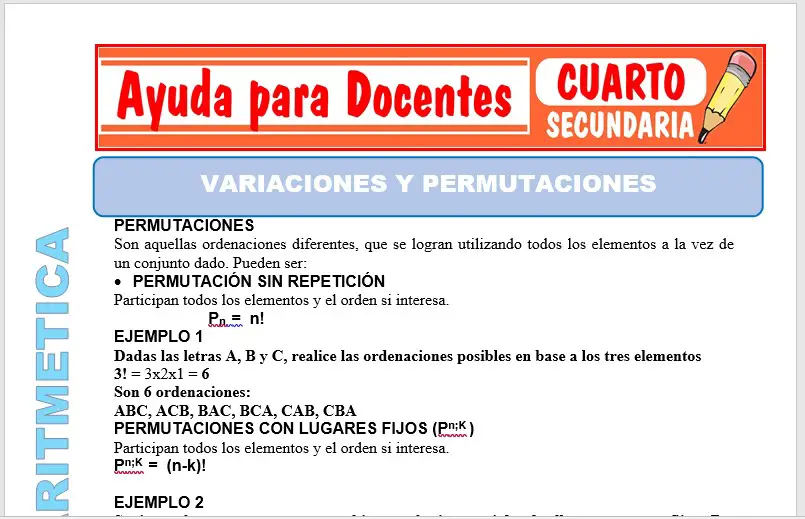 Modelo de la Ficha de Variaciones y Permutaciones para Cuarto de Secundaria
