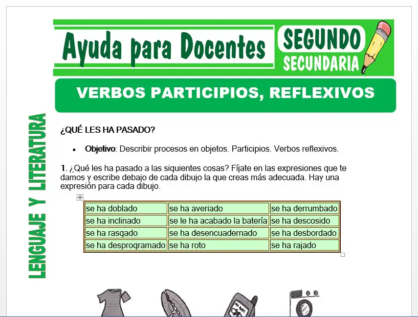 Modelo de la Ficha de Verbos Participios, Reflexivos para Segundo de Secundaria