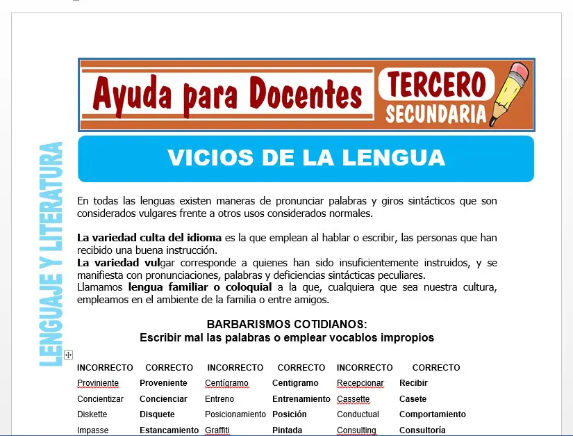 Modelo de la Ficha de Vicios de la Lengua para Tercero de Secundaria